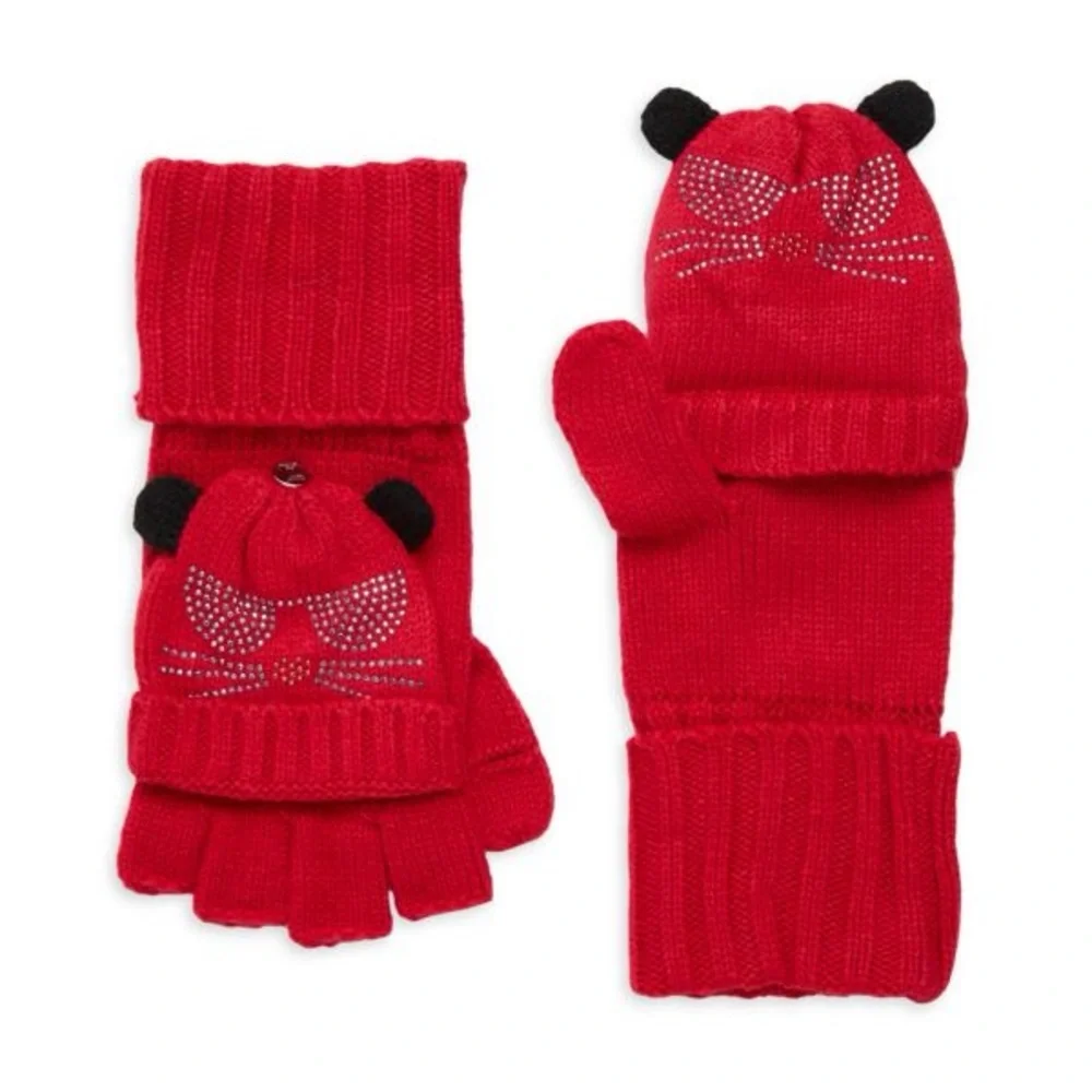 KARL LAGERFELD POP TOP CONVERTIBLE FINGERLESS GLOVES MITTENS RED KARL CAT LOGO